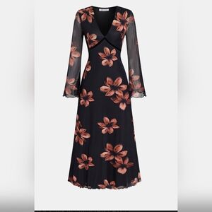 NWT Cupshe Demi Engemann Black Floral Max Dress Long Sleeve